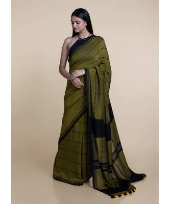 Suta Black  Olive Cotton Plaid Modal Saree 2