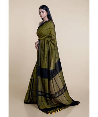 Suta Black  Olive Cotton Plaid Modal Saree 3