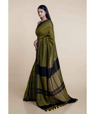 Suta Black  Olive Cotton Plaid Modal Saree 4