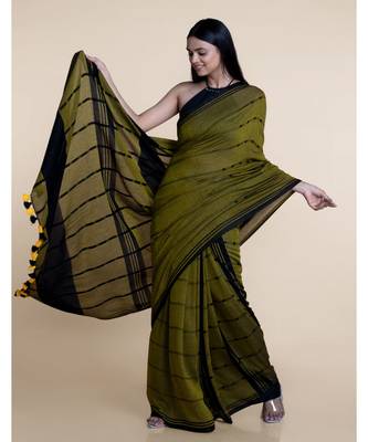 Suta Black  Olive Cotton Plaid Modal Saree 5