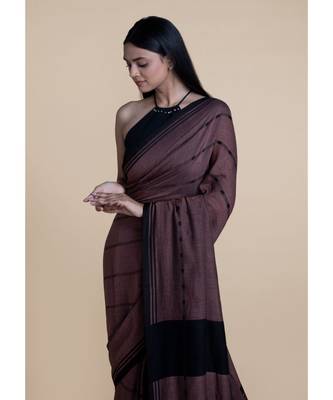 Suta Women Black  Brown Striped Cotton Modal Saree 4