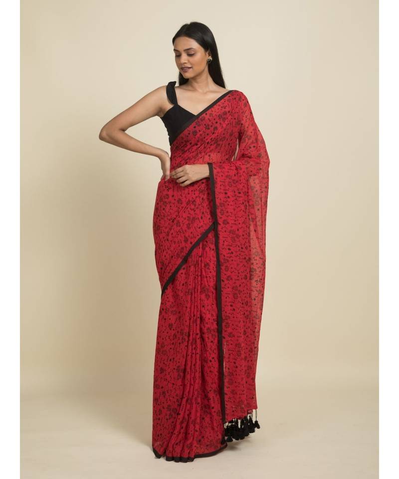 Suta Red  Black Floral Pure Cotton Saree