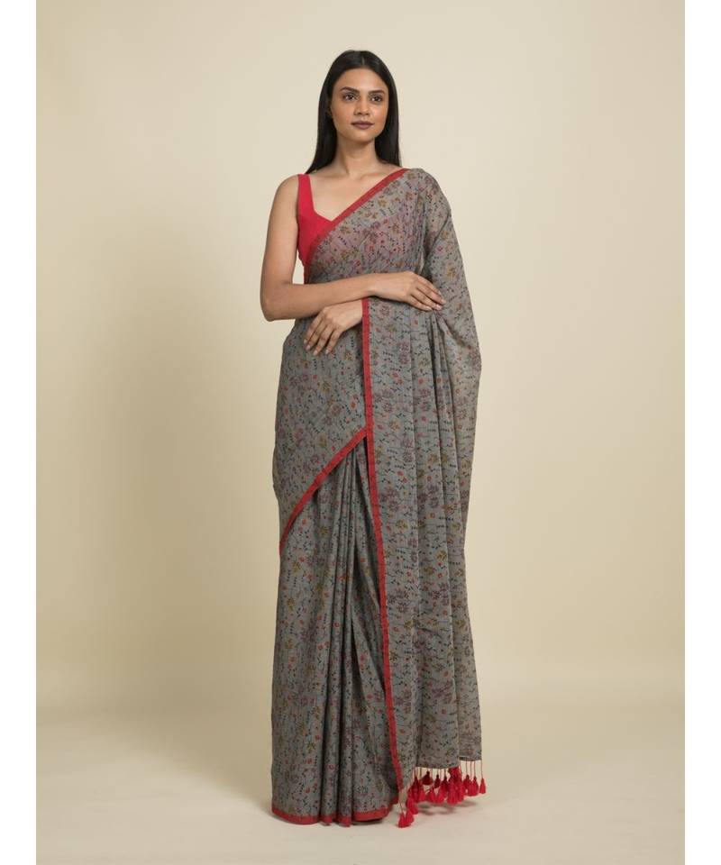 Suta Grey  Red Floral Pure Cotton Saree