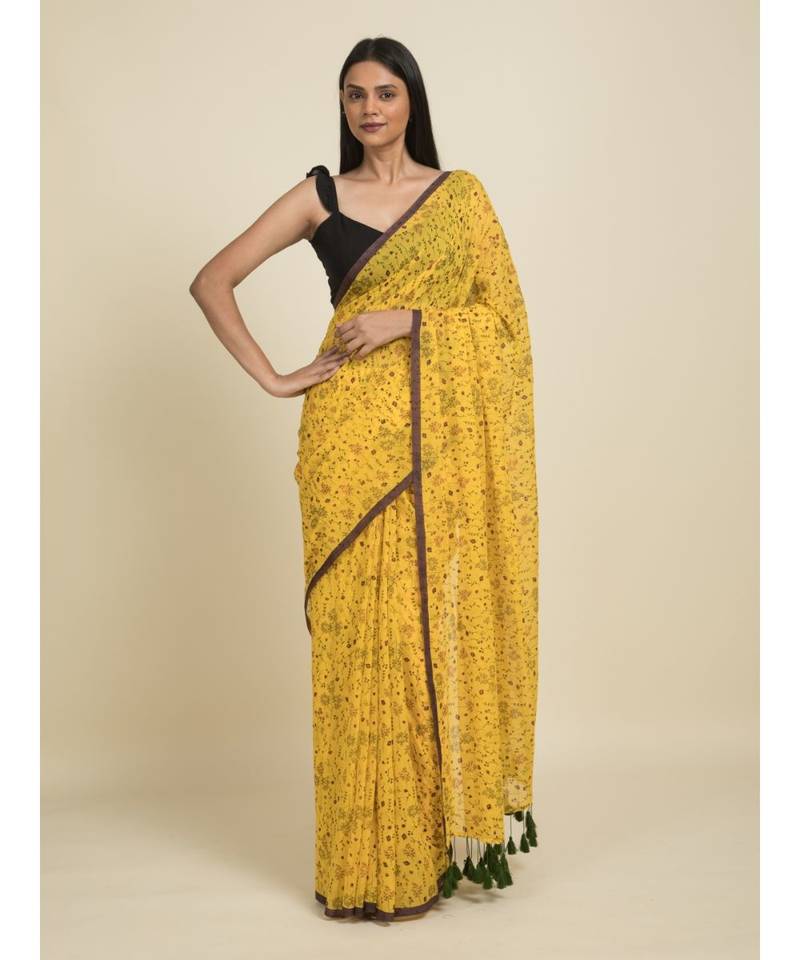 Suta Yellow  Brown Floral Printed Pure Cotton Saree