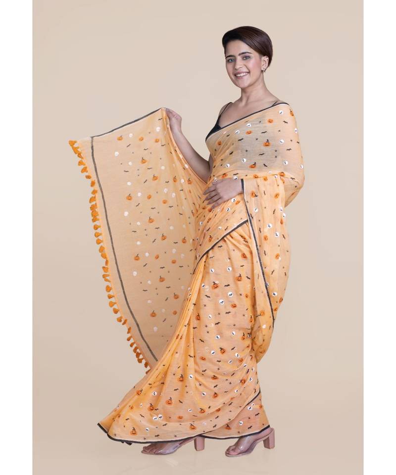 Suta Women Orange Screen Printed Halloween Saree