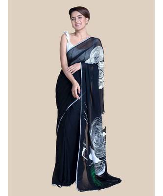 Suta Women Black And White Screen Printed Cotton Modal Saree 1