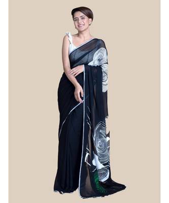 Suta Women Black And White Screen Printed Cotton Modal Saree 2