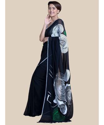 Suta Women Black And White Screen Printed Cotton Modal Saree 3