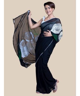 Suta Women Black And White Screen Printed Cotton Modal Saree 5
