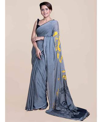 Suta Women Grey  Black Hand Painted Cotton Modal Saree 1