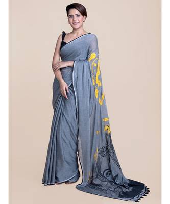 Suta Women Grey  Black Hand Painted Cotton Modal Saree 2