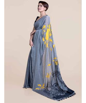 Suta Women Grey  Black Hand Painted Cotton Modal Saree 3