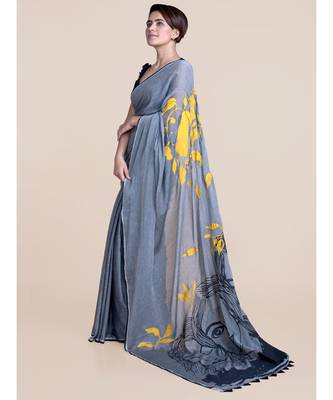 Suta Women Grey  Black Hand Painted Cotton Modal Saree 4