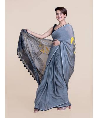 Suta Women Grey  Black Hand Painted Cotton Modal Saree 5