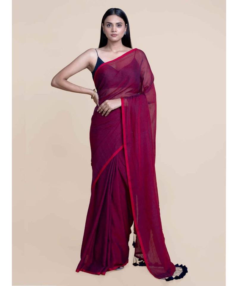 Suta Maroon Solid Tassel Mul Cotton Saree - Suta - 3819521