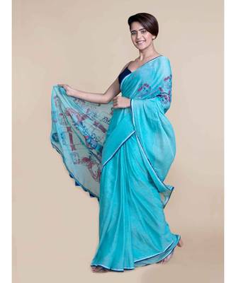 Suta Women Sky Blue Screen Printed Pure Cotton Saree 1