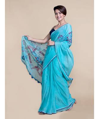Suta Women Sky Blue Screen Printed Pure Cotton Saree 2