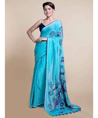 Suta Women Sky Blue Screen Printed Pure Cotton Saree 3