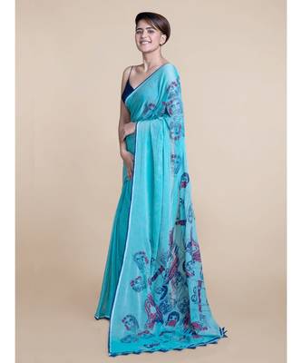Suta Women Sky Blue Screen Printed Pure Cotton Saree 5