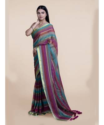Suta Women Multicolored Mul Cotton Zari Saree With Purple Tassles 1
