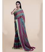 Suta Women Multicolored Mul Cotton Zari Saree With Purple Tassles
