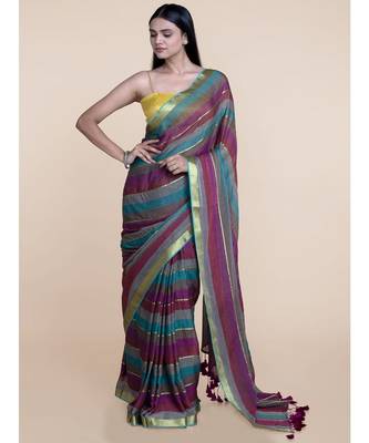 Suta Women Multicolored Mul Cotton Zari Saree With Purple Tassles 2