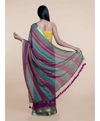 Suta Women Multicolored Mul Cotton Zari Saree With Purple Tassles 3