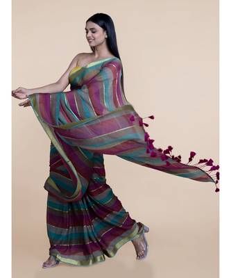 Suta Women Multicolored Mul Cotton Zari Saree With Purple Tassles 4