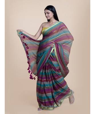 Suta Women Multicolored Mul Cotton Zari Saree With Purple Tassles 5
