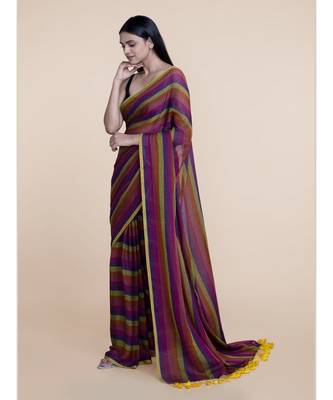 Suta Women Multicolored Mul Cotton Zari Saree With Yellow Tassel 1