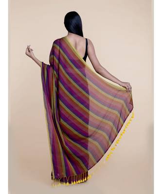 Suta Women Multicolored Mul Cotton Zari Saree With Yellow Tassel 3
