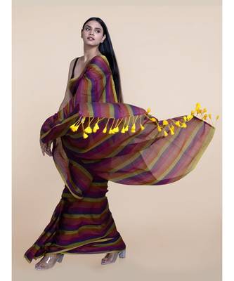 Suta Women Multicolored Mul Cotton Zari Saree With Yellow Tassel 4