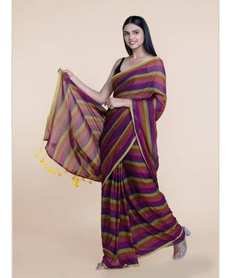Suta Women Multicolored Mul Cotton Zari Saree With Yellow Tassel 5