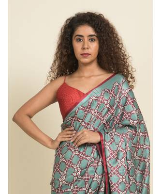 Suta Teal Blue  Red Floral Printed Saree 2