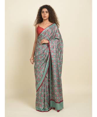 Suta Teal Blue  Red Floral Printed Saree 1