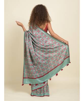 Suta Teal Blue  Red Floral Printed Saree 5