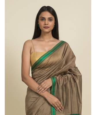 Suta Brown  Green Zari Silk Cotton Maheshwari Saree 4