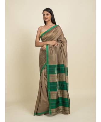 Suta Brown  Green Zari Silk Cotton Maheshwari Saree 5