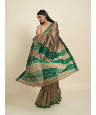 Suta Brown  Green Zari Silk Cotton Maheshwari Saree 1