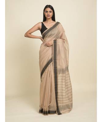 Suta Beige  Black Silk Cotton Saree 1
