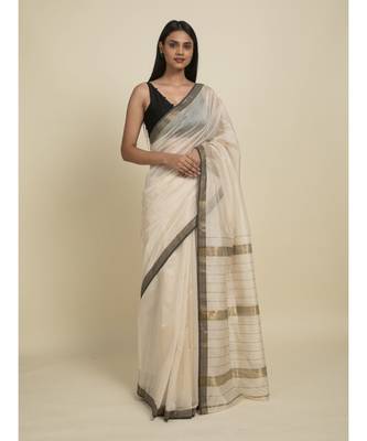 Suta Off White  Black Zari Silk Cotton Maheshwari Saree 1