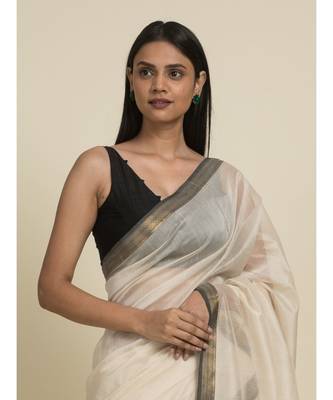 Suta Off White  Black Zari Silk Cotton Maheshwari Saree 2