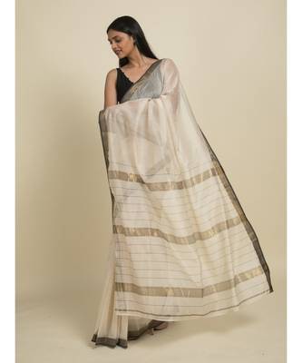 Suta Off White  Black Zari Silk Cotton Maheshwari Saree 4