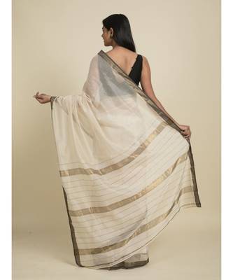 Suta Off White  Black Zari Silk Cotton Maheshwari Saree 5