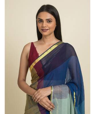 Suta Blue  Yellow Colourblocked Zari Saree 3
