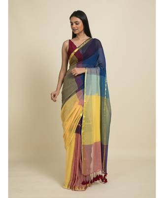 Suta Blue  Yellow Colourblocked Zari Saree 4