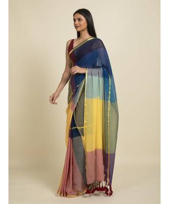 Suta Blue  Yellow Colourblocked Zari Saree 1