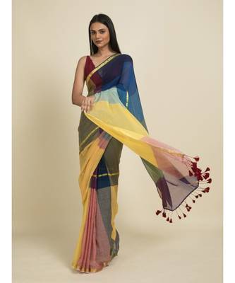 Suta Blue  Yellow Colourblocked Zari Saree 5