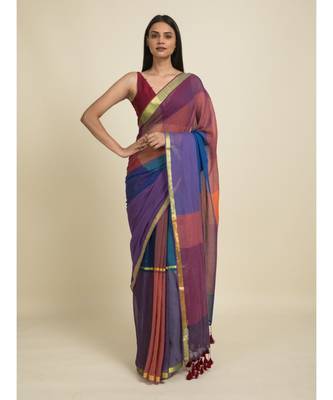 Suta Blue  Purple Colourblocked Zari Saree 4