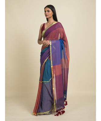 Suta Blue  Purple Colourblocked Zari Saree 1